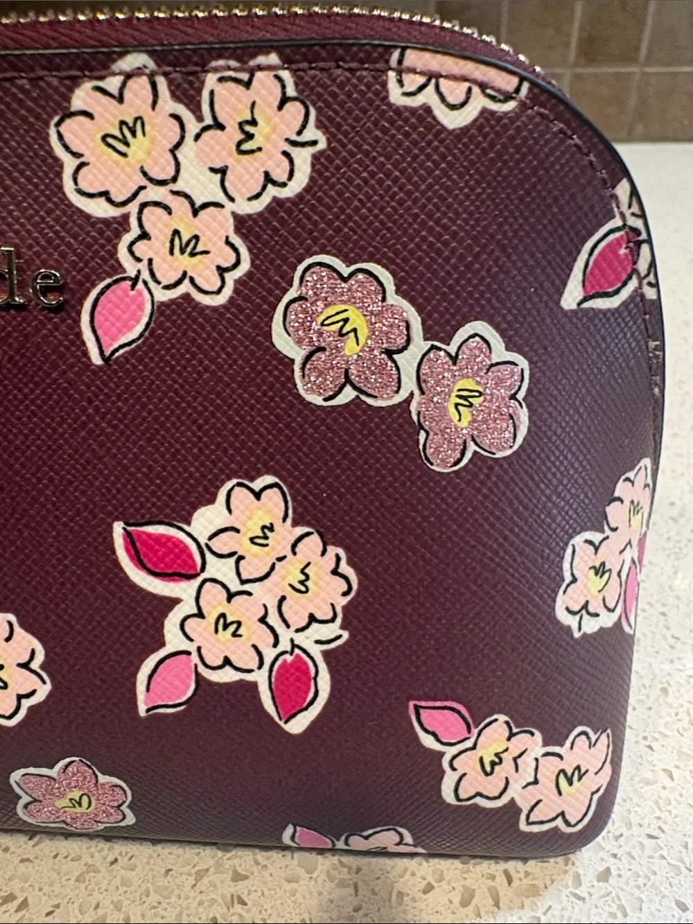 kate spade NWOT  Burgundy Floral Saffiano Leather Cosmetic Case